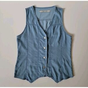 London Crew Chambray Vest Top Snap Button V Neck Coastal Cowgirl Preppy Western